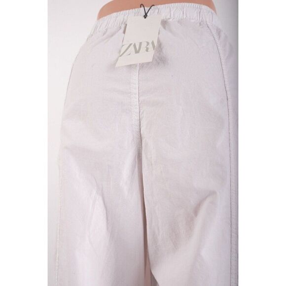 Zara Women White High Rise Cotton Pants Wide Leg L Large Drawstring 5520/207 NWT - Picture 5 of 7